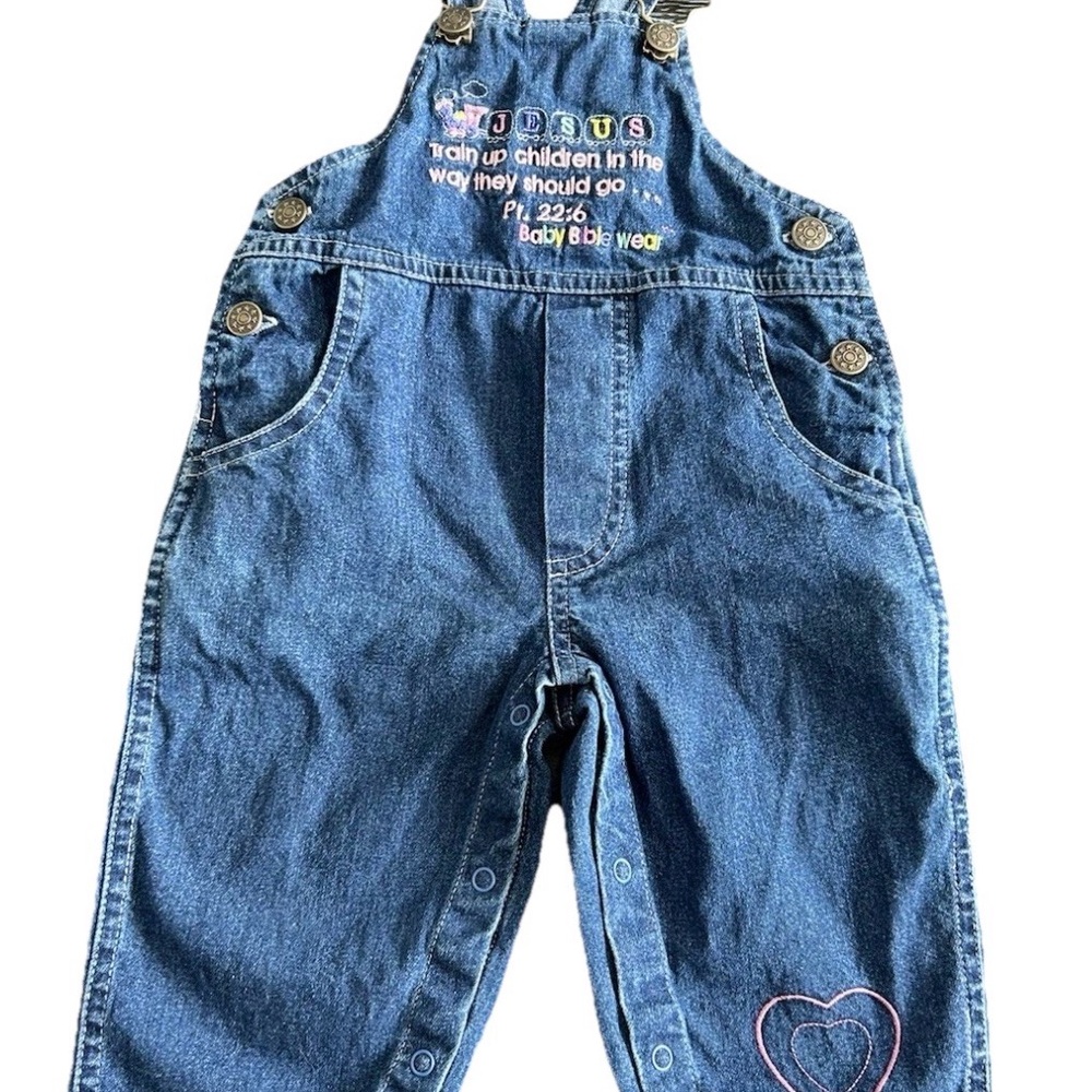 Vtg Baby Bible Wear Cotton Toddler Embroidered Jesus Sz 12 Mo Denim Overalls